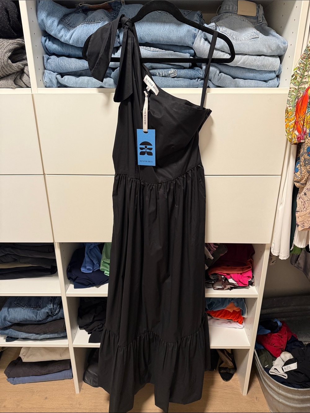 HUNTER BELL Black One-Shoulder Tiered Maxi Dress with Shoulder Tie